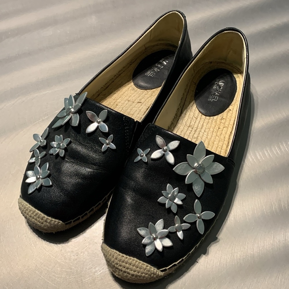 Michael Kors Black & Silver Floral Espadrille Size 8 1/2 - Picture 4 of 11